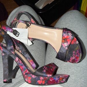 Nicole Miller Black and Pink Floral Heels